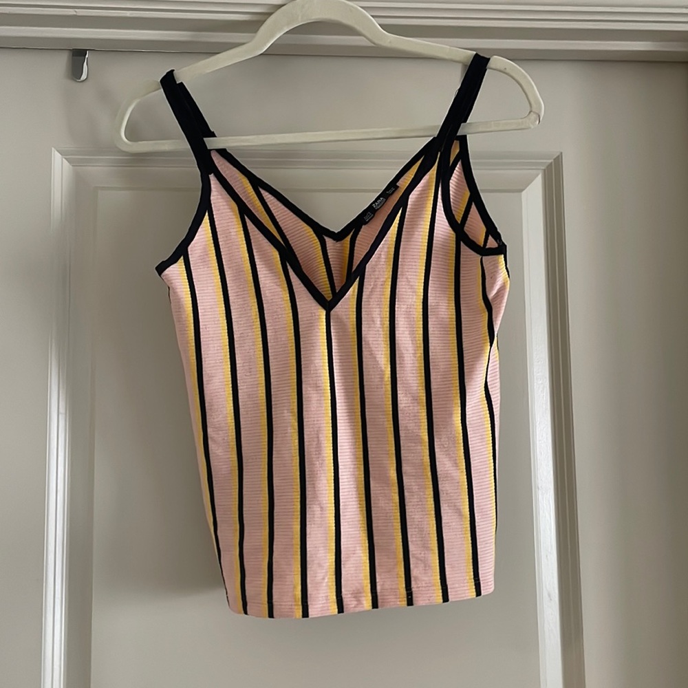 Zara Women’s Striped Pink Yellow Black Crop top Spaghetti Straps Size Small